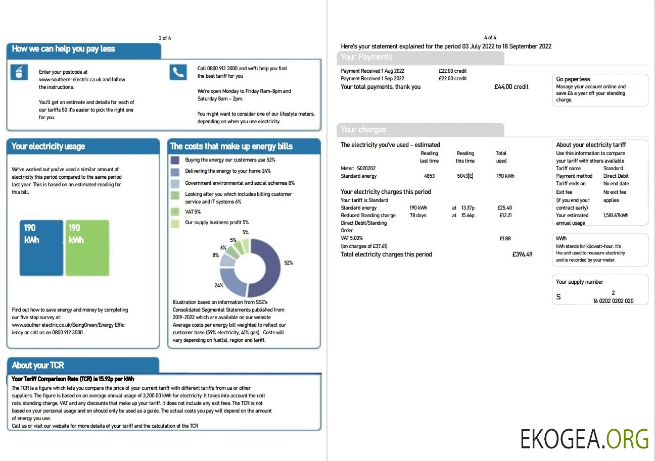 United Kingdom SSE Energy utility bill, Word and PDF template, 4 pages 3 4